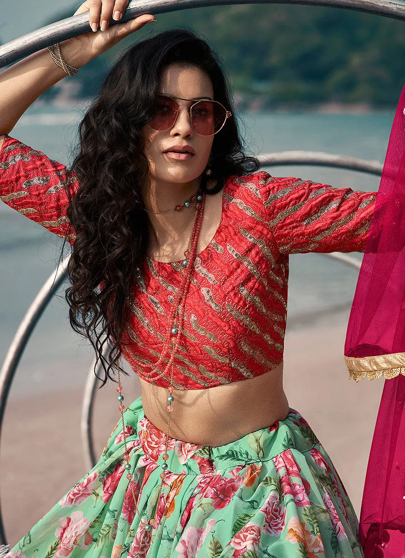 Sea Blue Floral Prints And Embroidered Lehenga Choli