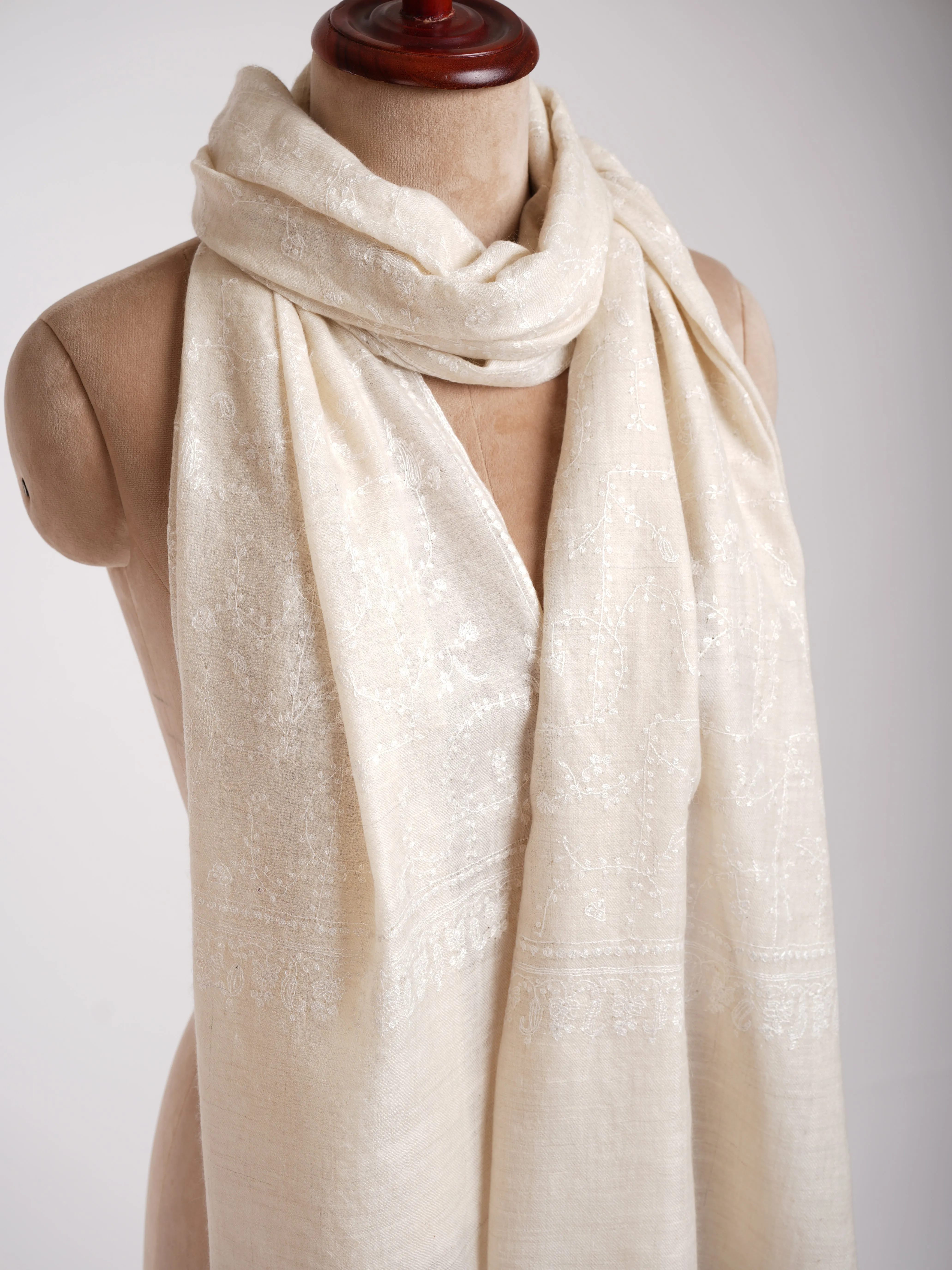White Indian Cashmere Embroidered Wrap