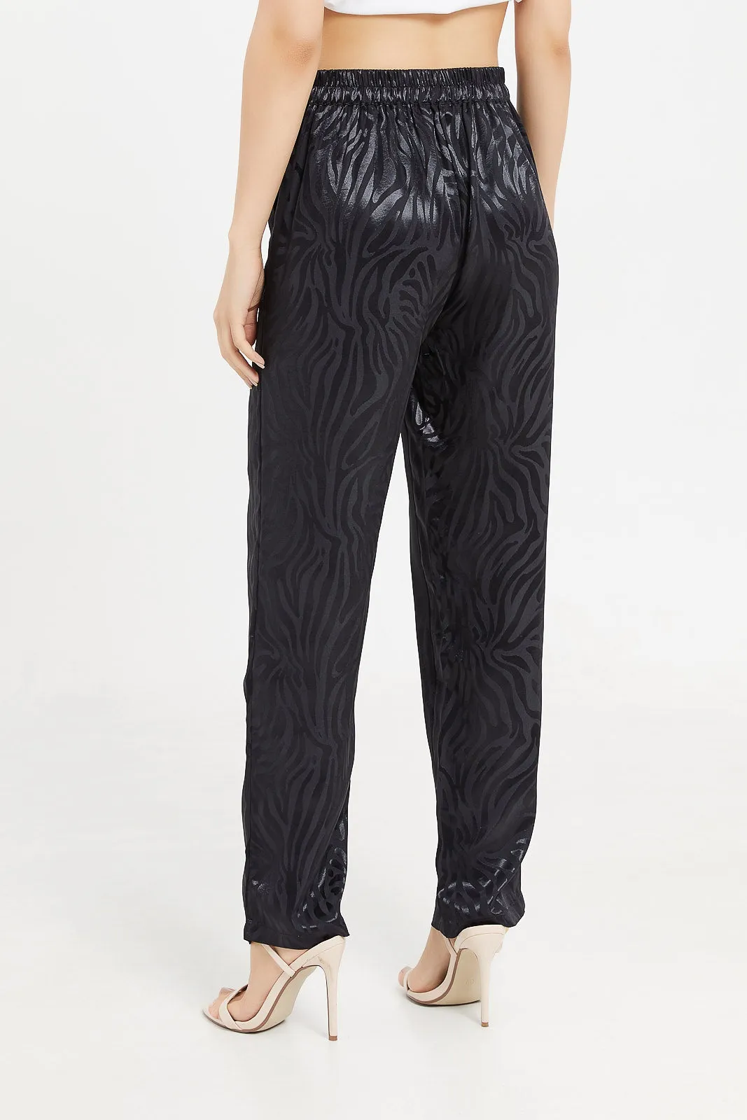 Women Black Satin Jacquard Trouser