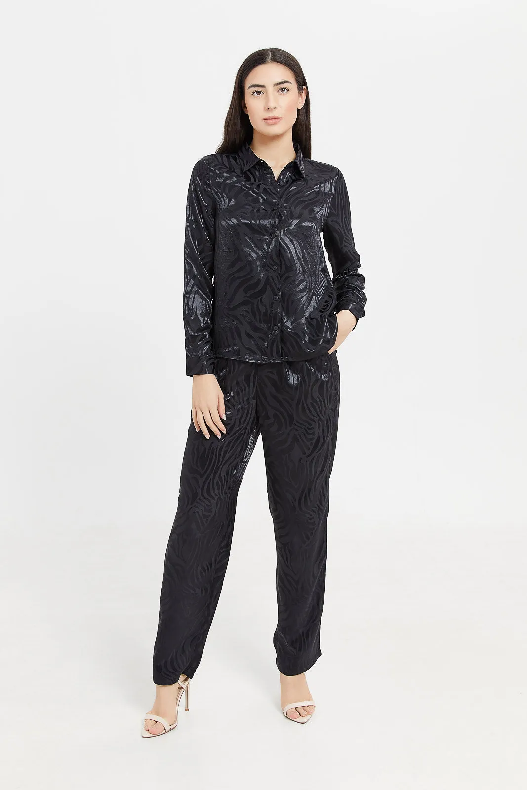 Women Black Satin Jacquard Trouser