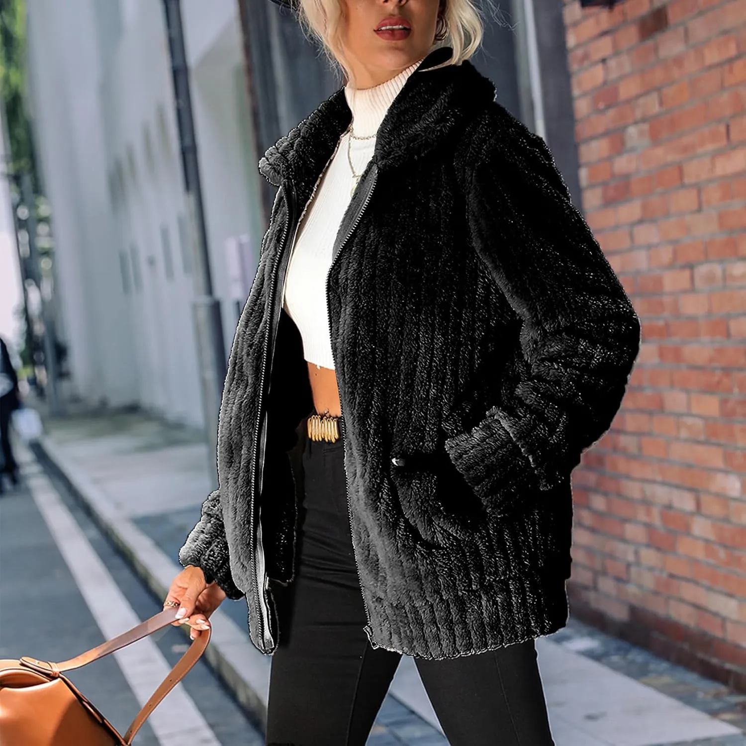 Women's Fleece Jacket Women Full Zip Long Sleeve Lapel Collar Sherpa Coat Outerwear with Pockets (S-5XL)
