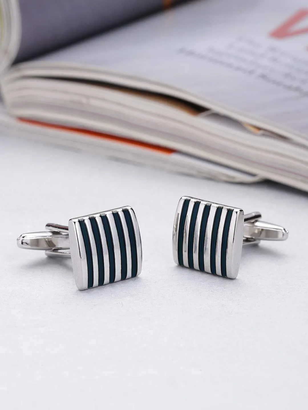 Yellow Chimes Cufflinks for Men Strips Black Cuff links with Enamal Finish Stainless Steel Cufflinks for Men and Boy's.